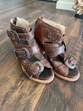 freebird Brown Studded Buckle Cutout Ankle Booties